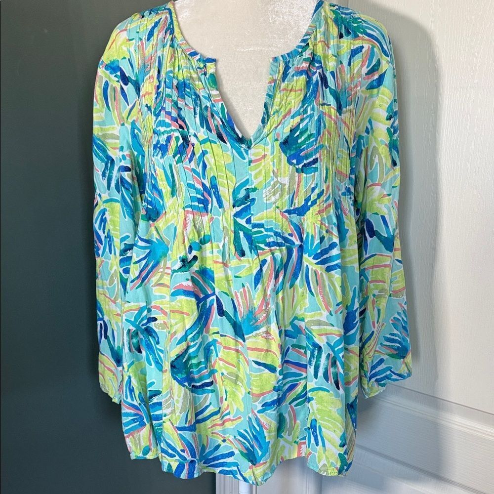 Lilly Pulitzer Tropical Tunic Blouse XL Blue Green Pink Resort Top